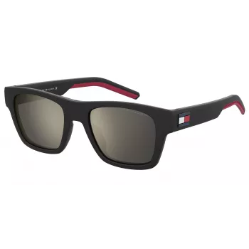 TOMMY HILFIGER TH1975NS003 Vīriešu taisnstūra saulesbrilles - Melns acetāta rāmis, Pelēkas polikarbonāta lēcas, UV400 aizsardzība