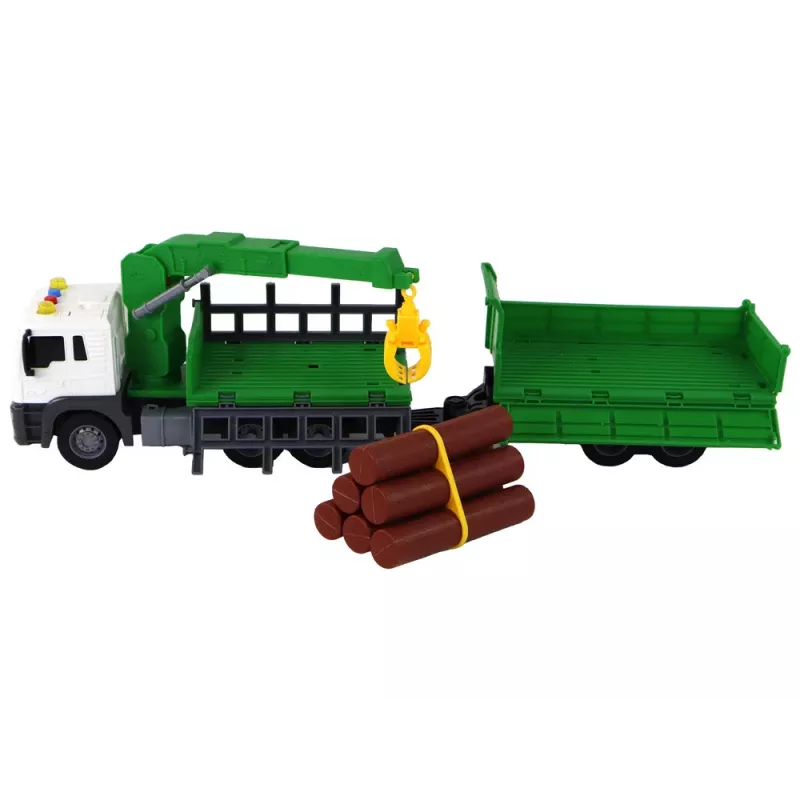 LEAN TOYS Kravas automašīna ar celtni, berzes piedziņa, skaņas, zaļa, koks, 1:16