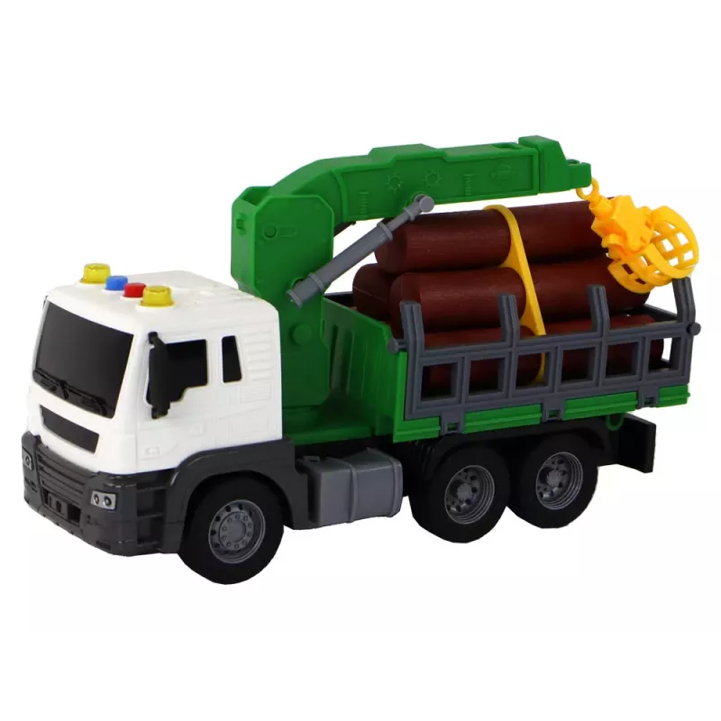 LEAN TOYS Kravas automašīna ar celtni, berzes piedziņa, skaņas, zaļa, koks, 1:16
