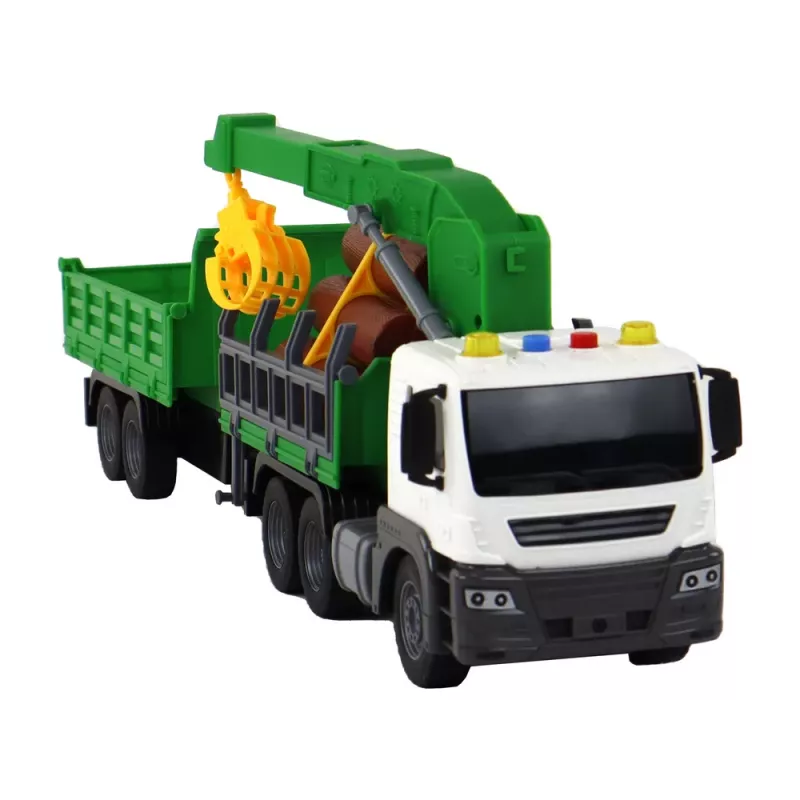 LEAN TOYS Kravas automašīna ar celtni, berzes piedziņa, skaņas, zaļa, koks, 1:16