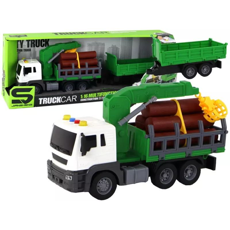 LEAN TOYS Kravas automašīna ar celtni, berzes piedziņa, skaņas, zaļa, koks, 1:16