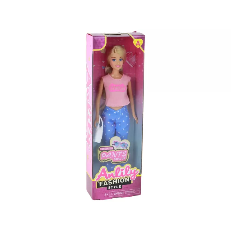 LEAN TOYS Anlily Bērnu lelle ar garām blondiem matiem, rokassomiņu un brillēm, rozā blūze