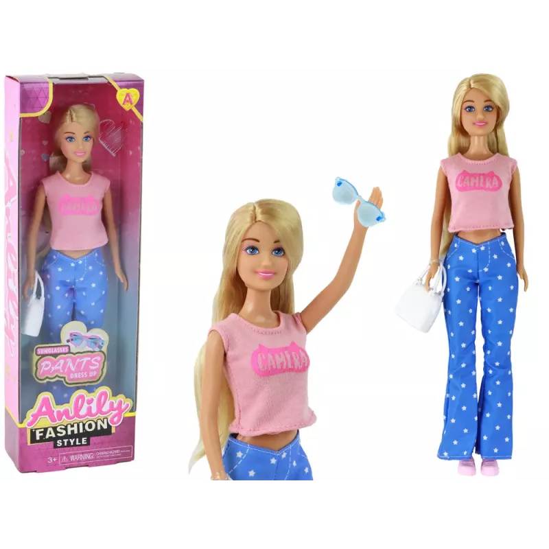 LEAN TOYS Anlily Bērnu lelle ar garām blondiem matiem, rokassomiņu un brillēm, rozā blūze
