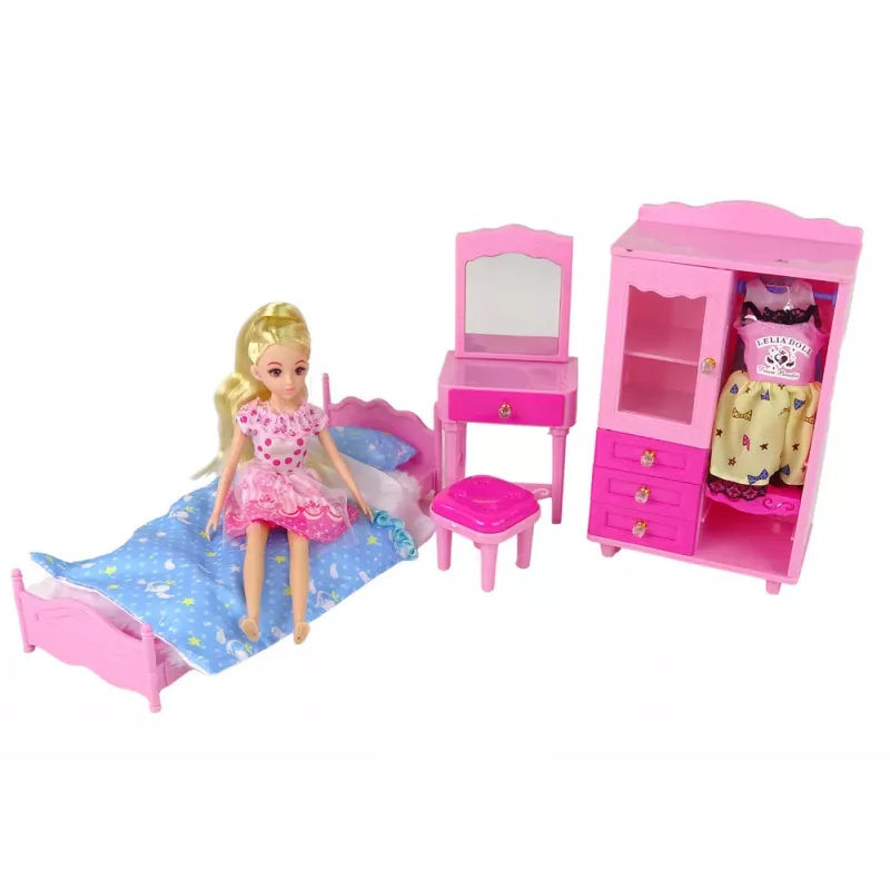 LEAN TOYS Leļļu mēbeļu komplekts Gulta Skapis Tualetes galdiņš 29-30 cm modes lellēm, Rozā, 3 gab.