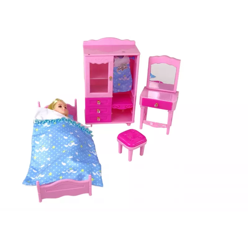 LEAN TOYS Leļļu mēbeļu komplekts Gulta Skapis Tualetes galdiņš 29-30 cm modes lellēm, Rozā, 3 gab.