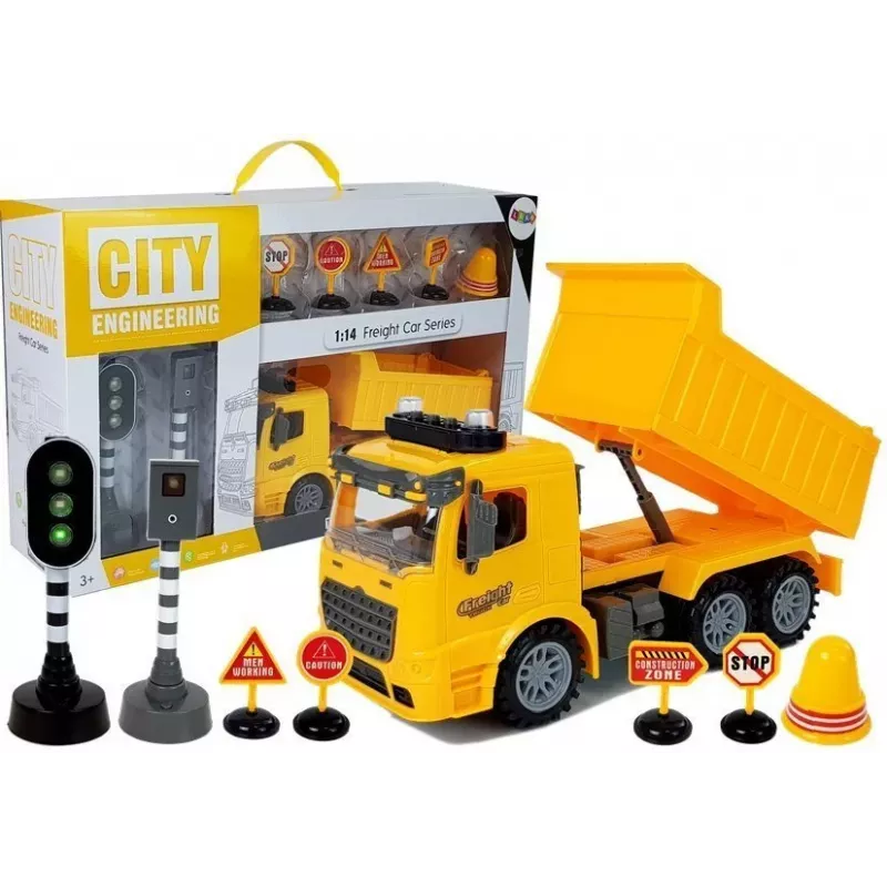 LEAN TOYS Tipper Set 1:14 RC Dump Truck ar ceļa zīmēm, gaismām un ātruma kameru - Dzeltens