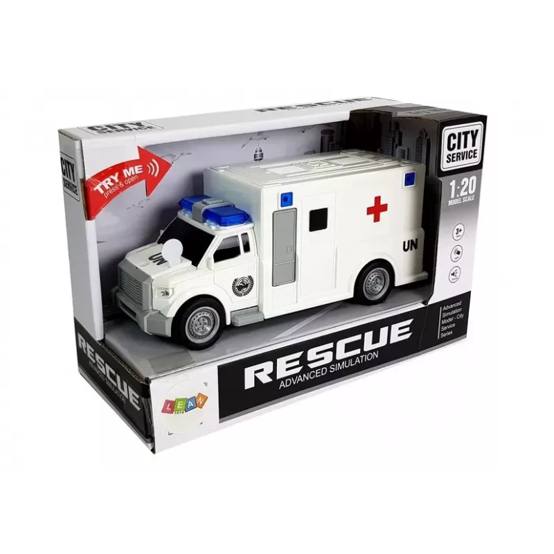 LEAN TOYS Auto Ambulance with Friction Drive White 1:20 with Sound