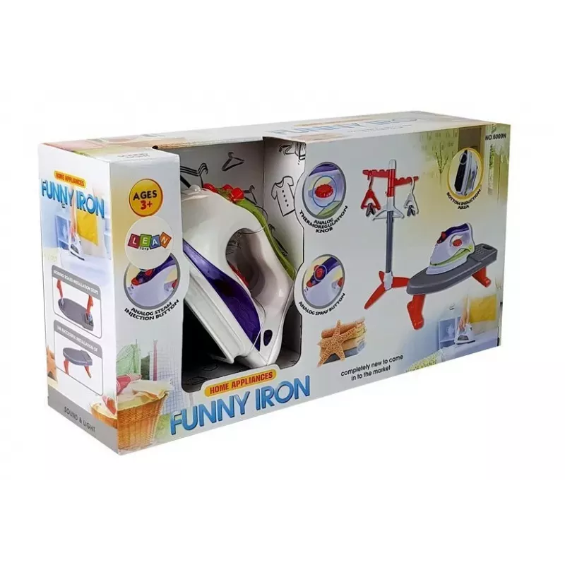 LEAN TOYS Gludināmais dēlis ar statīvu un pakaramajiem - Bērnu rotaļlietu gludināšanas komplekts ar gaismas un skaņas efektiem