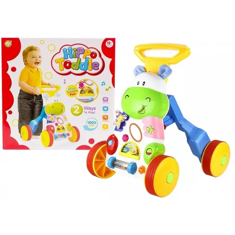 LEAN TOYS Bērnu stumjamā rotaļlieta Nīlzirgs ar skaņām, grabulīšiem, čaukstošām detaļām un spoguli