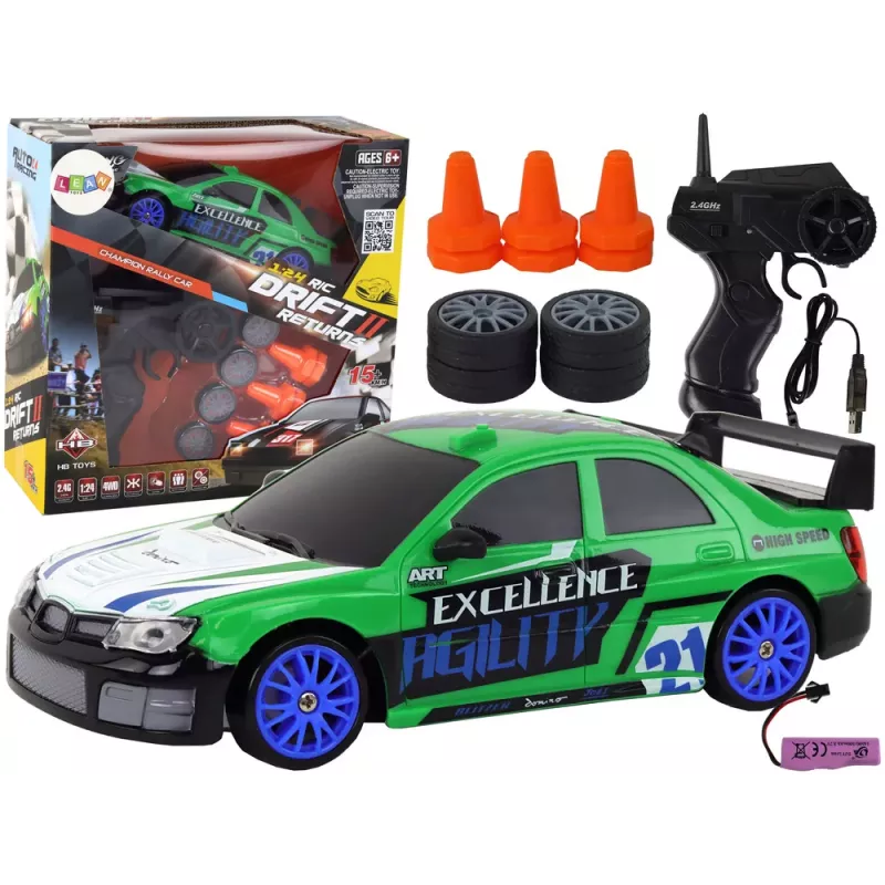 LEAN TOYS Ar vadību vadāma sporta automašīna R/C 1:24 Zaļa ar maināmiem riteņiem