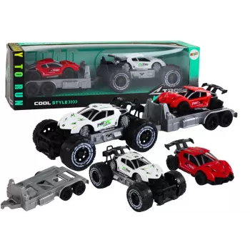 LEAN TOYS Komplekts: Balts bezceļu auto, Sarkans sporta auto, Evakuators