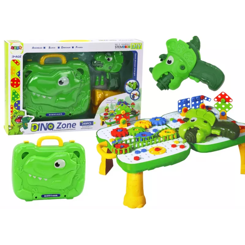 LEAN TOYS DIY komplekts ar koferi-galdu, puzles bloki, dinozaurs, skrūvgriezis, 249 gab.