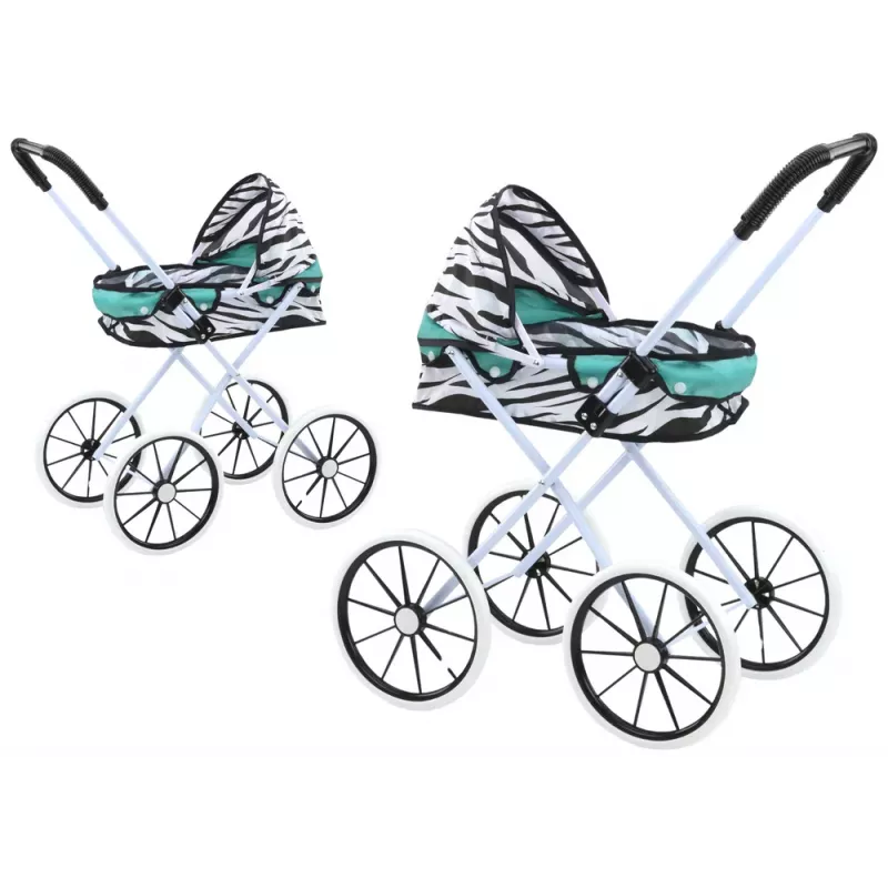 LEAN TOYS Bērnu ratiņi lellēm ar lieliem riteņiem, salokāmi, zebra tirkīza