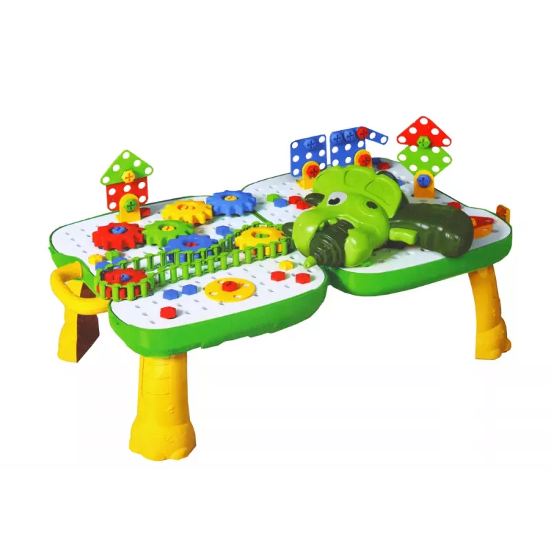 LEAN TOYS DIY komplekts koferī ar galdu, puzles bloki, dinozaurs, skrūvgriezis, 249 gab.