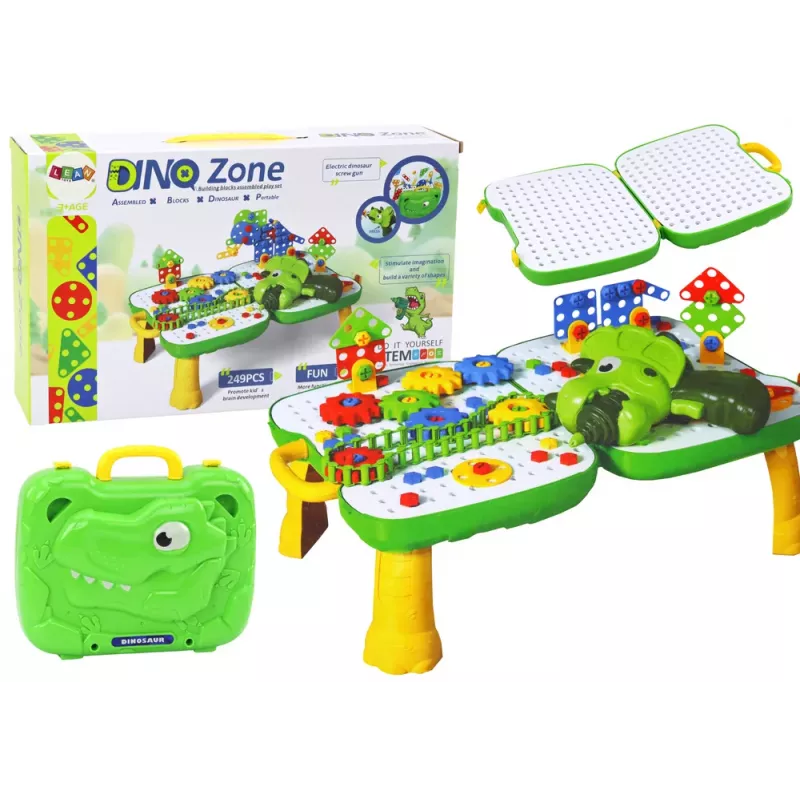 LEAN TOYS DIY komplekts koferī ar galdu, puzles bloki, dinozaurs, skrūvgriezis, 249 gab.