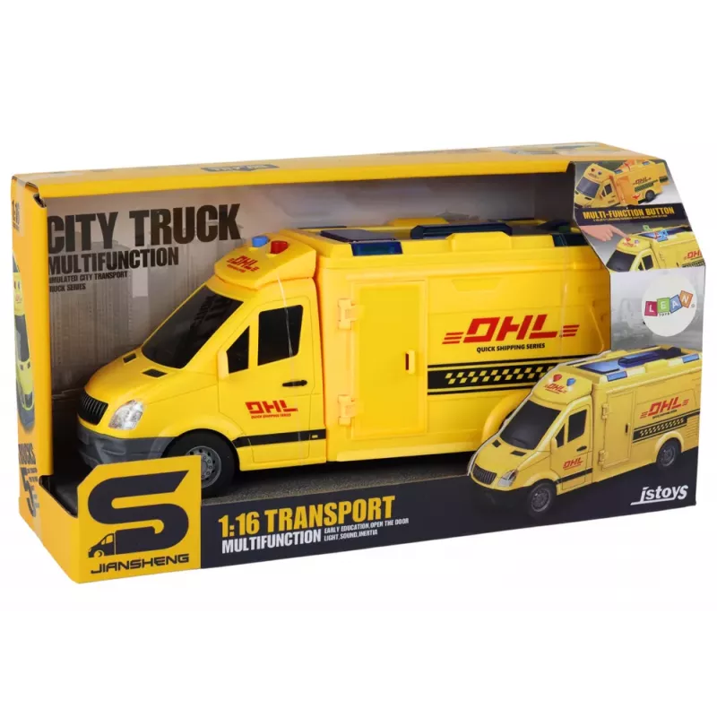 LEAN TOYS Delivery Car 1:16 Friction Drive Opening Doors Lights Yellow Sounds