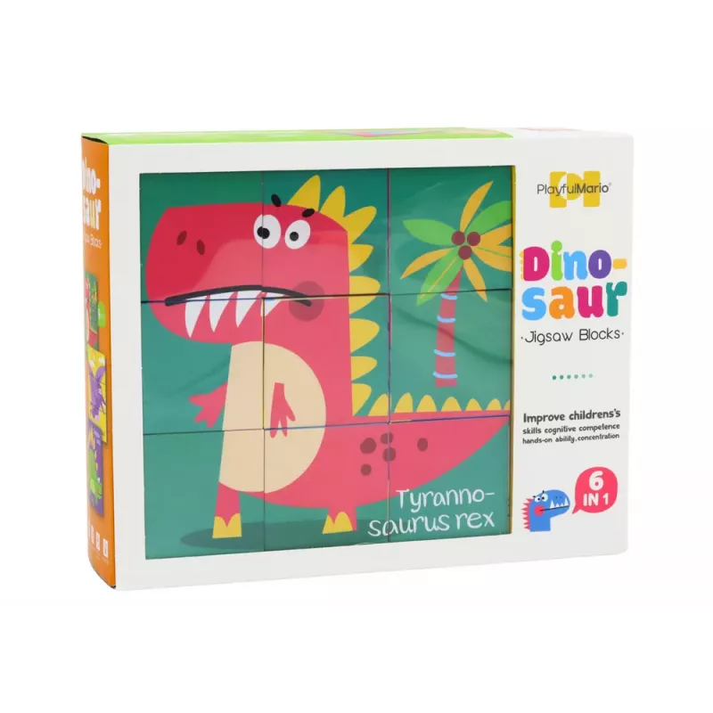 LEAN TOYS Izglītojošā Puzle 6in1 Bloku Puzles Kubs 6 Attēli Dinozauri 9 El.