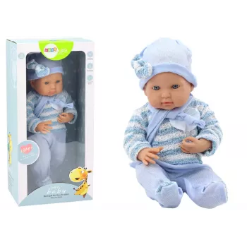 LEAN TOYS Bērnu lelle ar svītrainu džemperi, cepuri un zilu šalli - 42 cm