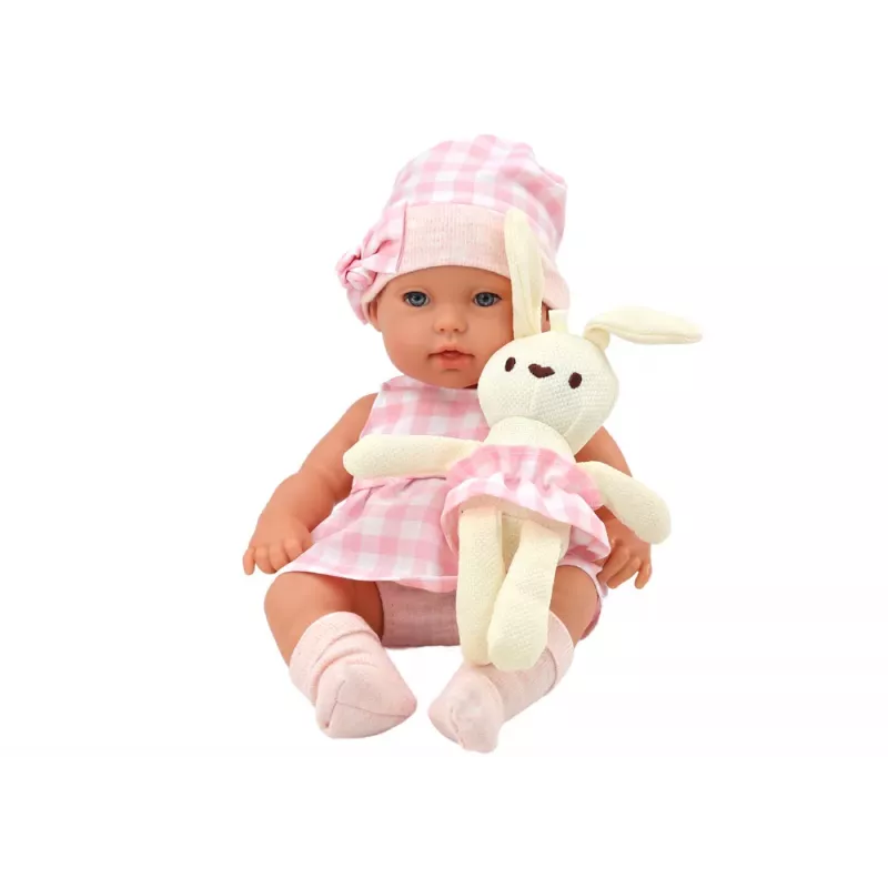 LEAN TOYS Bērnu lelle truša nesējā rozā rūtainā tērpā