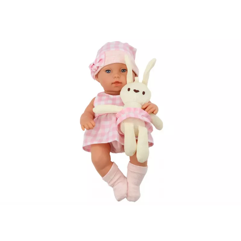 LEAN TOYS Bērnu lelle truša nesējā rozā rūtainā tērpā