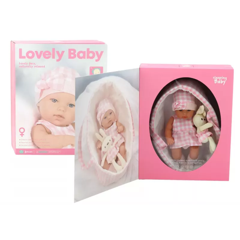LEAN TOYS Bērnu lelle truša nesējā rozā rūtainā tērpā