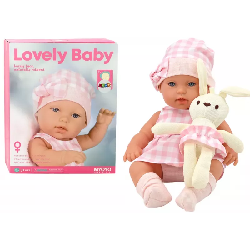 LEAN TOYS Bērnu lelle truša nesējā rozā rūtainā tērpā