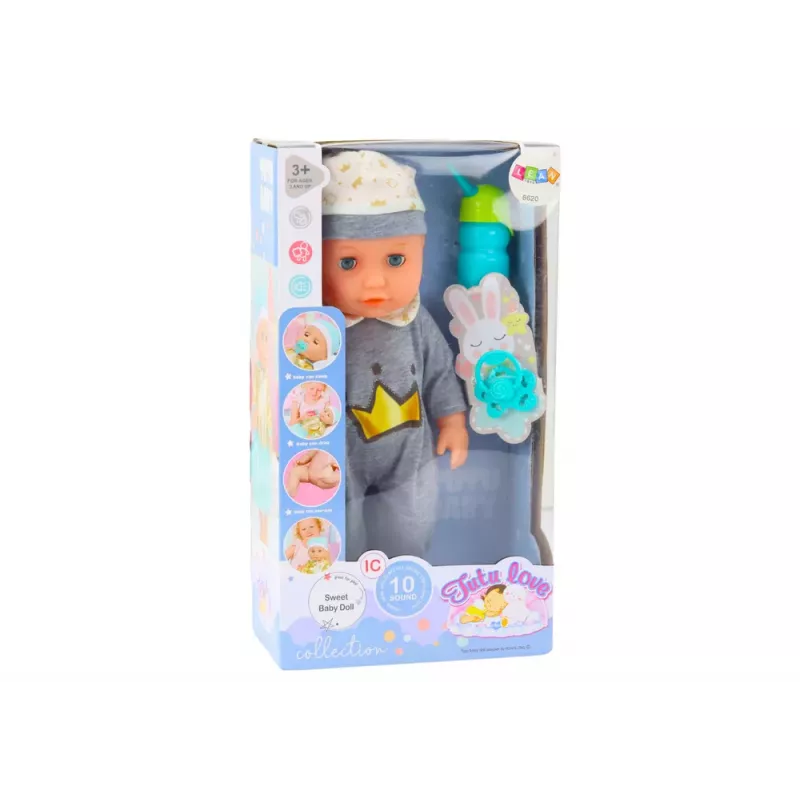 LEAN TOYS Baby Doll In Gray Pajamas Peeing Bottle Pacifier Sounds