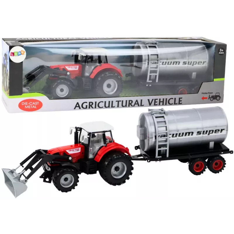 LEAN TOYS Lauksaimniecības traktors ar ekskavatoru un cisternas piekabi sarkanā krāsā