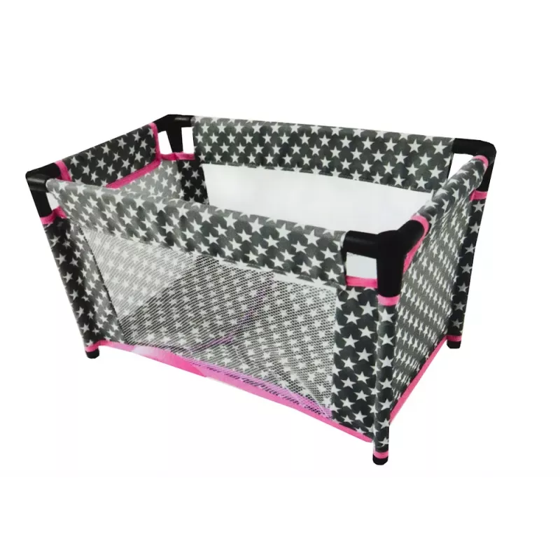 LEAN TOYS Alice Dolls' Bed with Stars, Bag, Blanket, Pillow, Gray and Pink