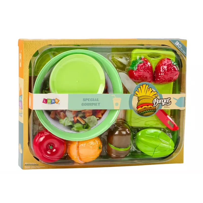 LEAN TOYS Augļu griešanas komplekts ar salātu galda piederumiem un paplāti, 25 gab.