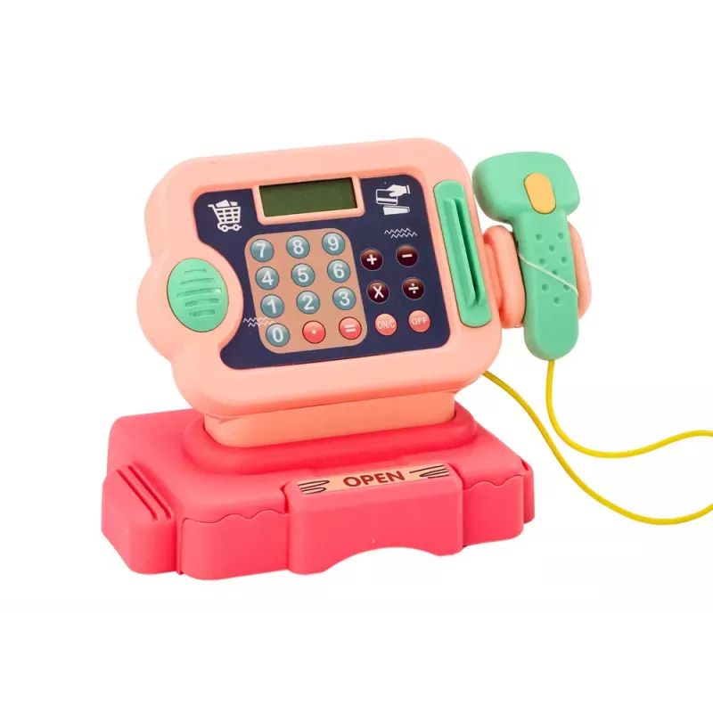 LEAN TOYS Kases aparāts Mācīšanās skaitīt monētas Iepirkumu grozs Gaismas Skaņas Rozā