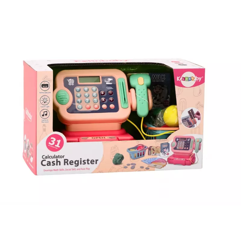 LEAN TOYS Kases aparāts Mācīšanās skaitīt monētas Iepirkumu grozs Gaismas Skaņas Rozā