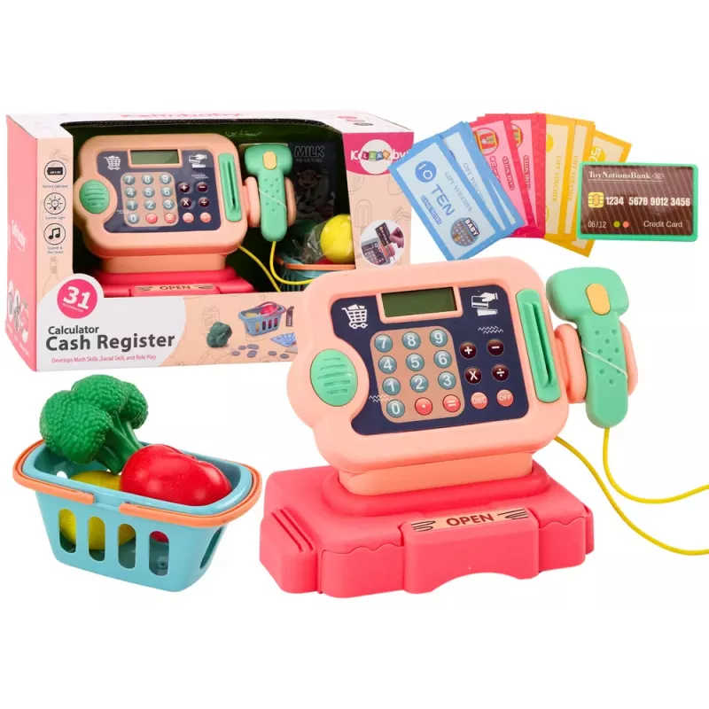 LEAN TOYS Kases aparāts Mācīšanās skaitīt monētas Iepirkumu grozs Gaismas Skaņas Rozā