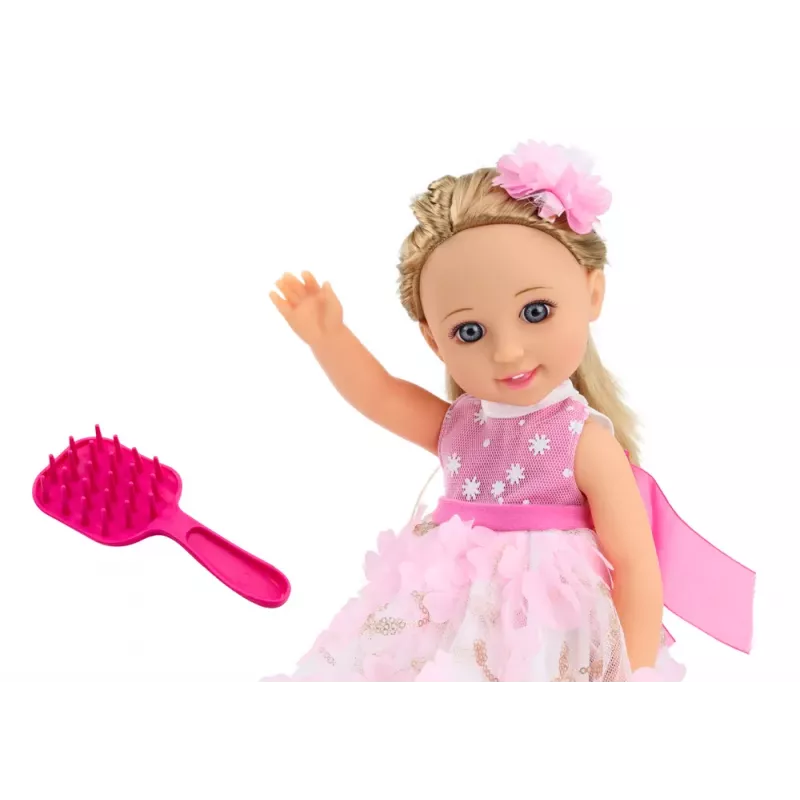 LEAN TOYS Leļļu rozā kleita, gari mati, matu sprādzes, suka 38cm