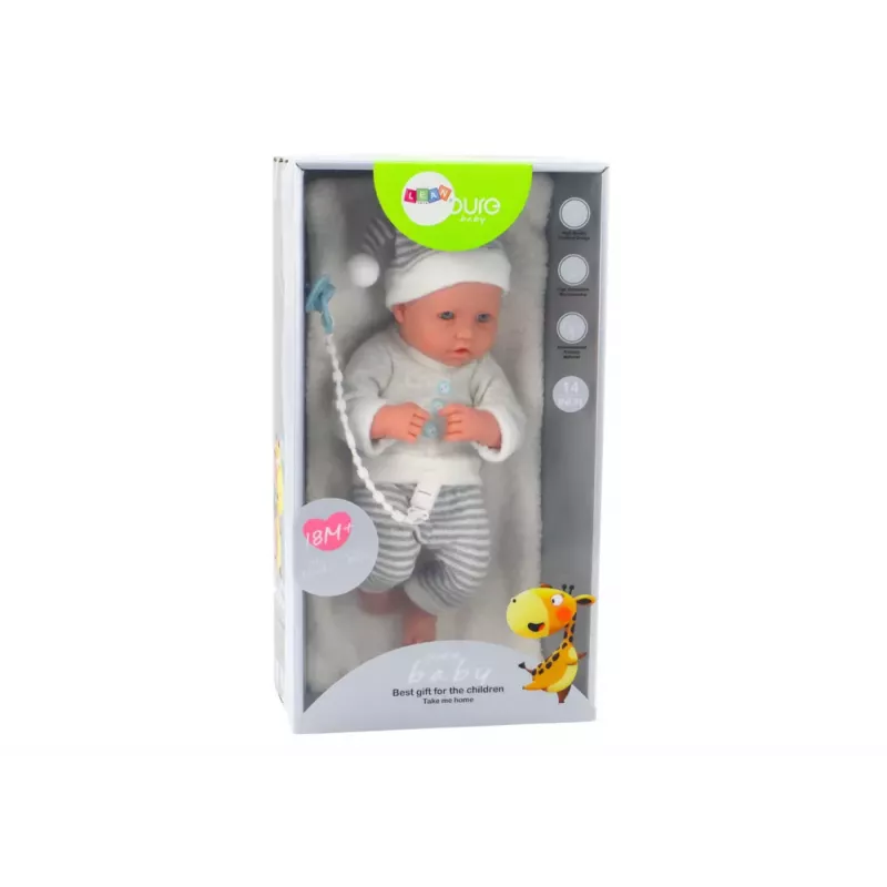 LEAN TOYS Baby Doll in White and Gray Striped Clothes, Hat, Pacifier, Quilt