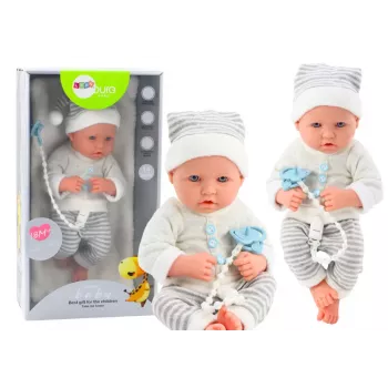 LEAN TOYS Baby Doll in White and Gray Striped Clothes, Hat, Pacifier, Quilt