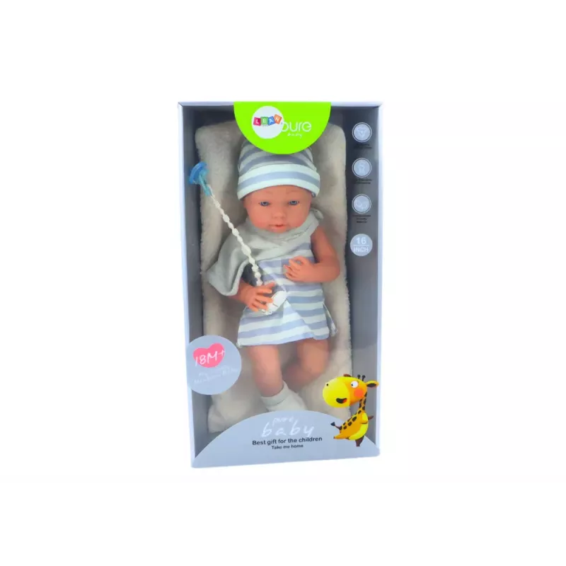LEAN TOYS Bērnu lelle zilā un baltā apģērbā, cepurē, knupītī, priekšautiņā, segā