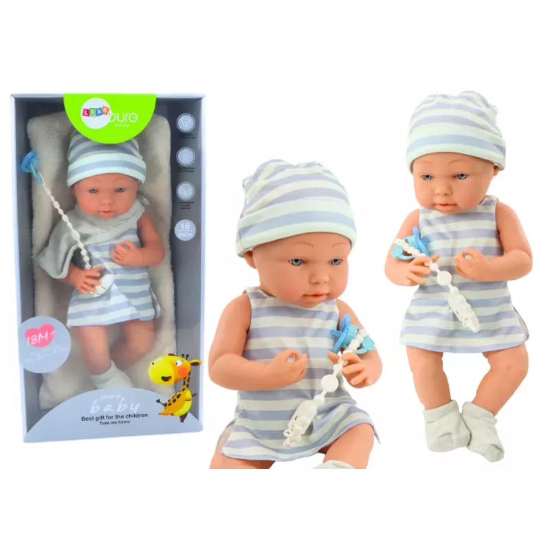 LEAN TOYS Bērnu lelle zilā un baltā apģērbā, cepurē, knupītī, priekšautiņā, segā