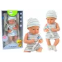 LEAN TOYS Bērnu lelle zilā un baltā apģērbā, cepurē, knupītī, priekšautiņā, segā