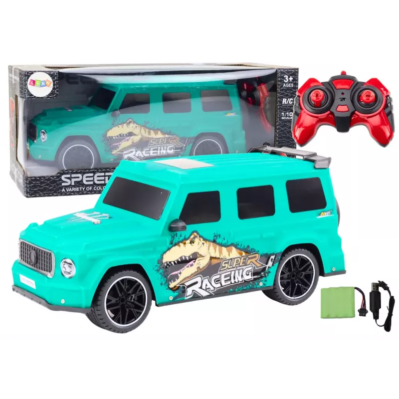LEAN TOYS Ar tālvadību vadāma automašīna ar dinozauru, mērogs 1:10, zaļa