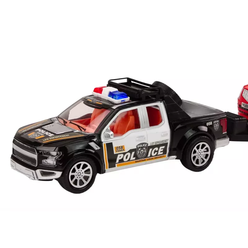 LEAN TOYS Policijas komplekts ar pikapu, bezceļu, evakuatoru un piekabi