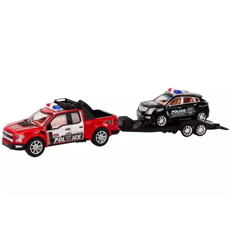 LEAN TOYS Policijas pikaps ar evakuatora puspiekabi bezceļa auto policijas komplekts