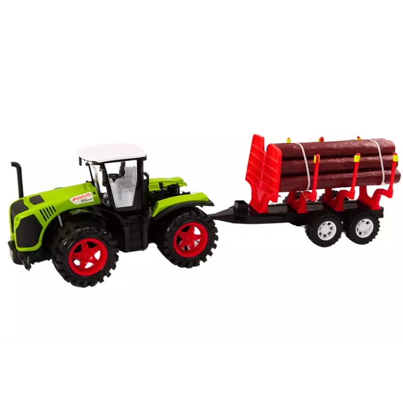 LEAN TOYS Lauku traktors ar koka piekabi un 9 Bali kokiem - Green Drive