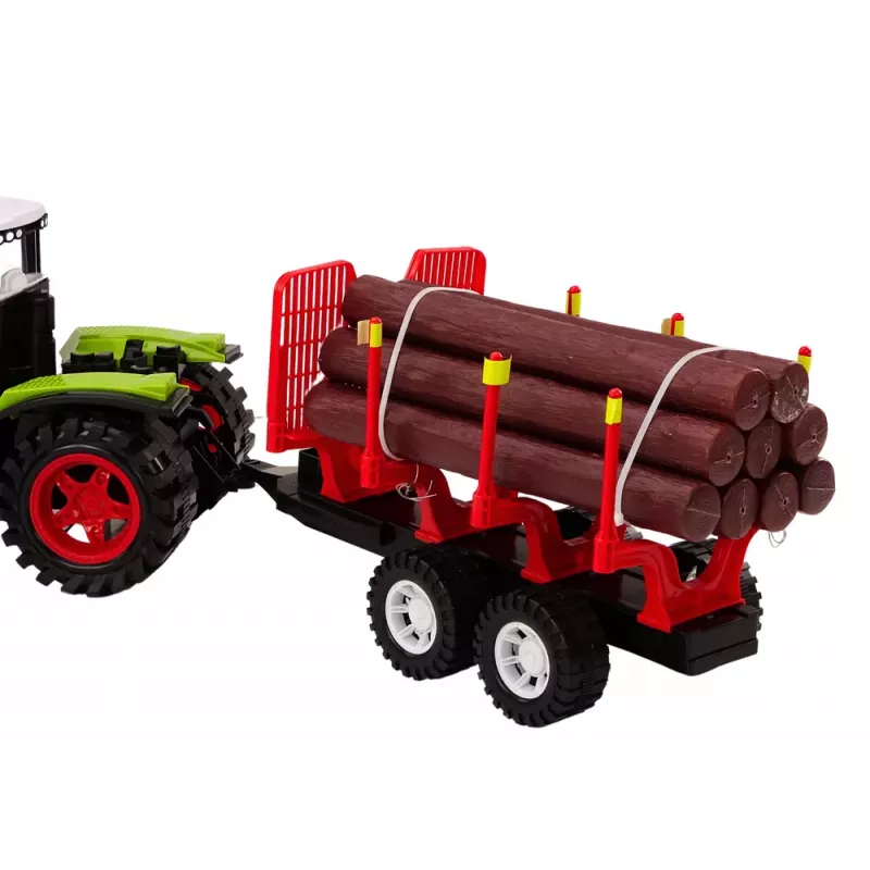 LEAN TOYS Lauku traktors ar koka piekabi un 9 Bali kokiem - Green Drive
