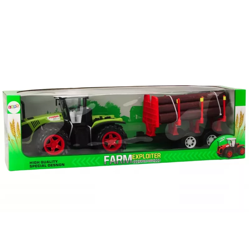 LEAN TOYS Lauku traktors ar koka piekabi un 9 Bali kokiem - Green Drive