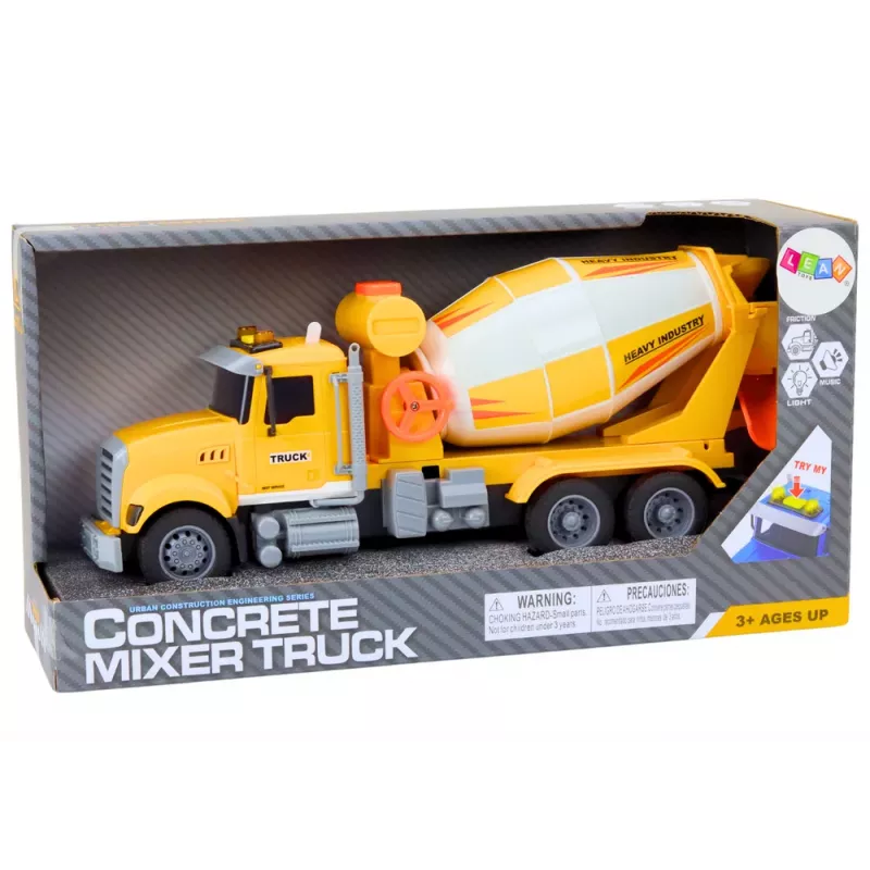 LEAN TOYS Yellow Concrete Mixer Truck With Friction Drive Light and Sound Effects