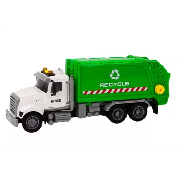 LEAN TOYS Atkritumu mašīna ar atkritumu tvertnēm, gaismām, skaņām, berzes piedziņu, balta un zaļa