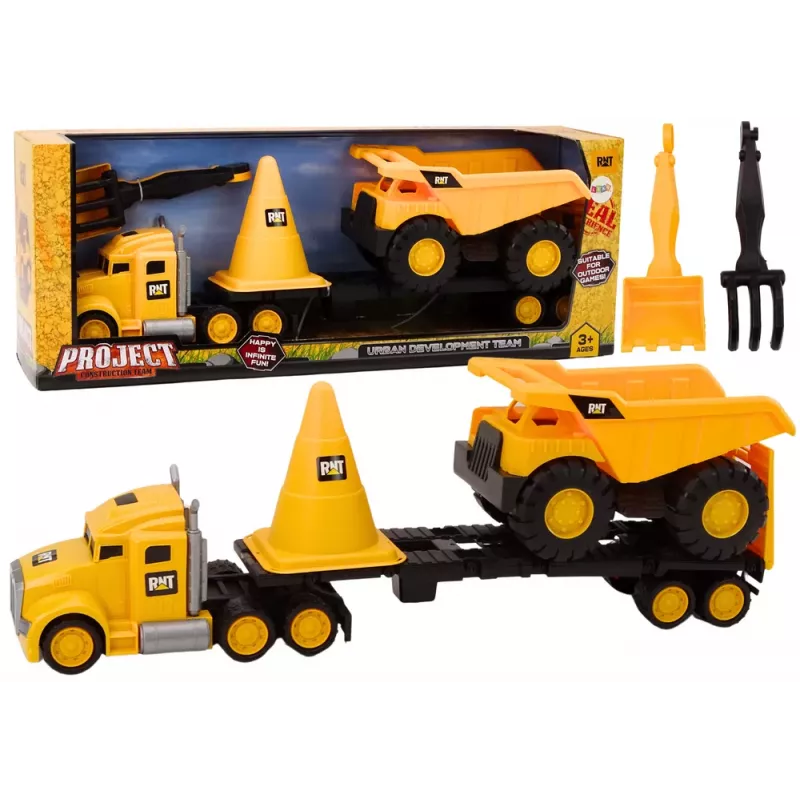 LEAN TOYS Celtniecības tehnikas komplekts ar pašizgāzēju, ekskavatoru un buldozeru, kustīgas daļas, dzeltens