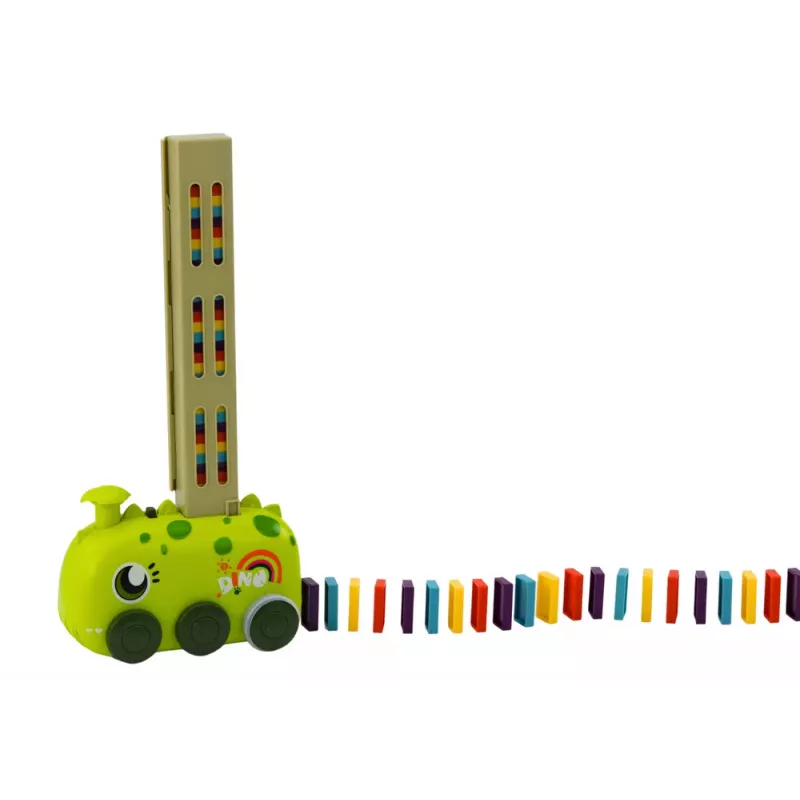 LEAN TOYS Ar bateriju darbināma zaļa dinozauru mašīna, kas izkārto krāsainus domino kauliņus, 4 krāsu bloki