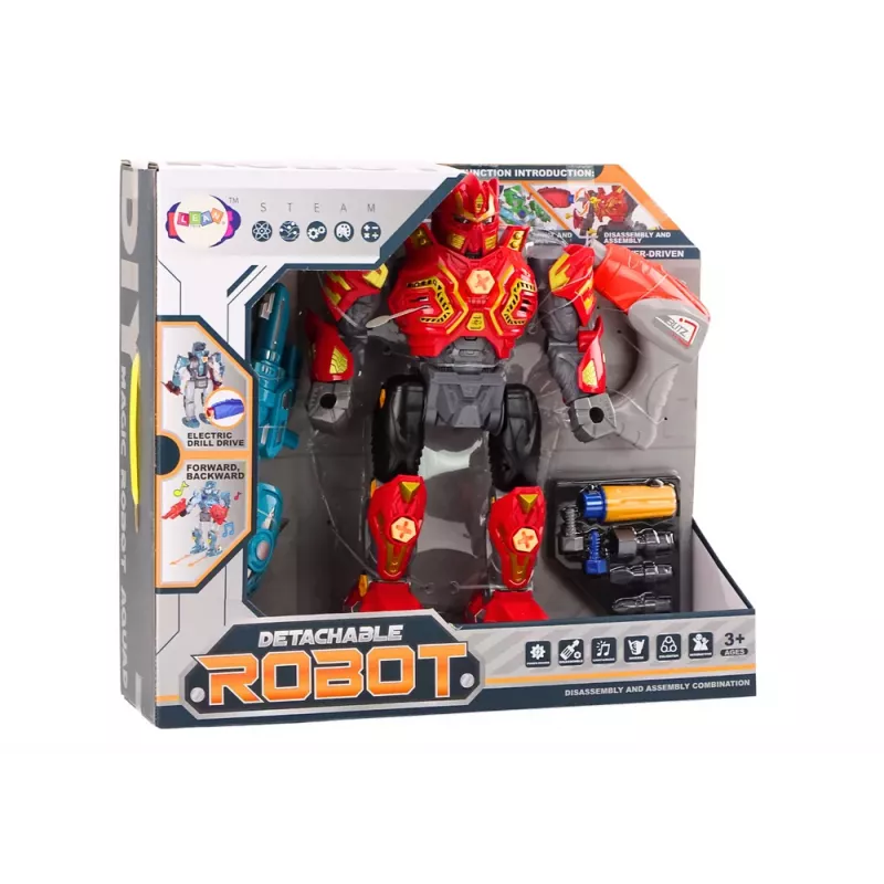 LEAN TOYS Skrūvējamais robots ar ieroci, urbi, skrūvgriezi, gaismu un skaņu, sarkans